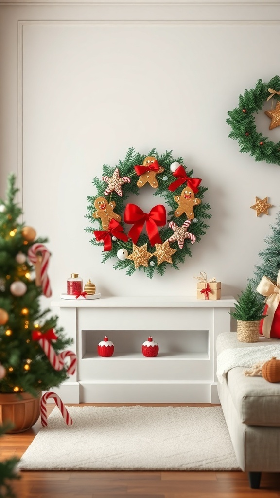 A charming gingerbread-themed wreath with gingerbread men, red bows, and stars, displayed in a cozy holiday setting.