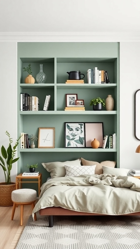 A light green shelving unit in a bedroom displaying books, plants, and decorative items.
