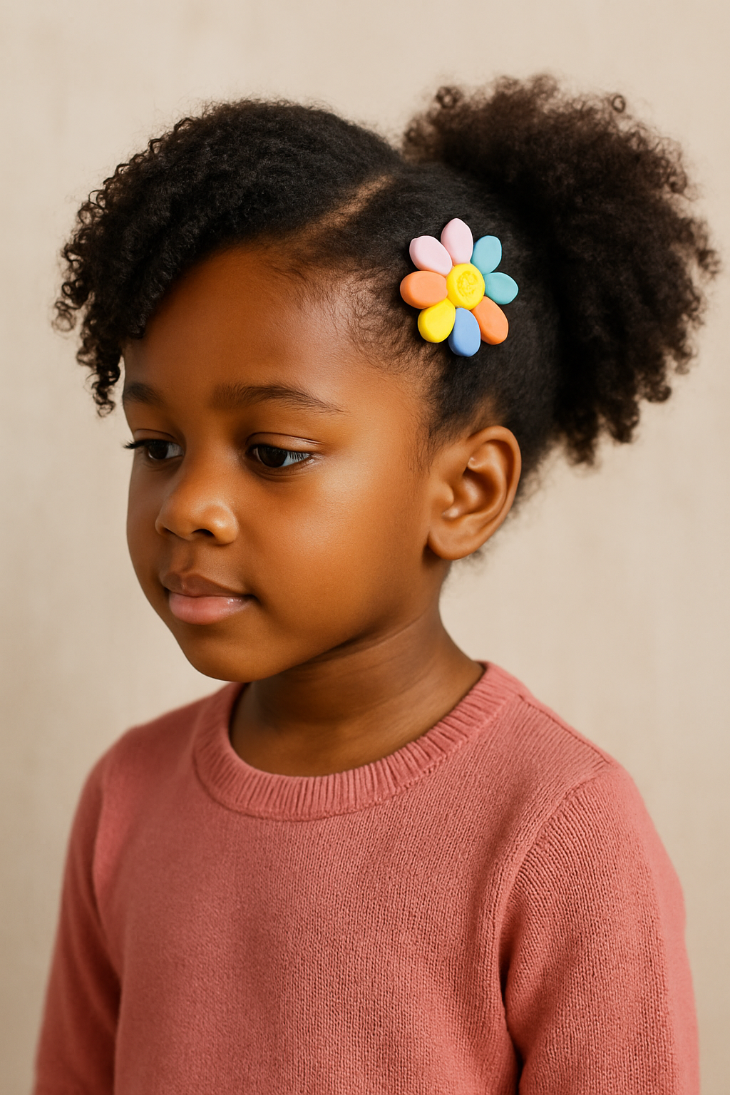 A young girl with natural curls wearing a colorful flower hair clip.