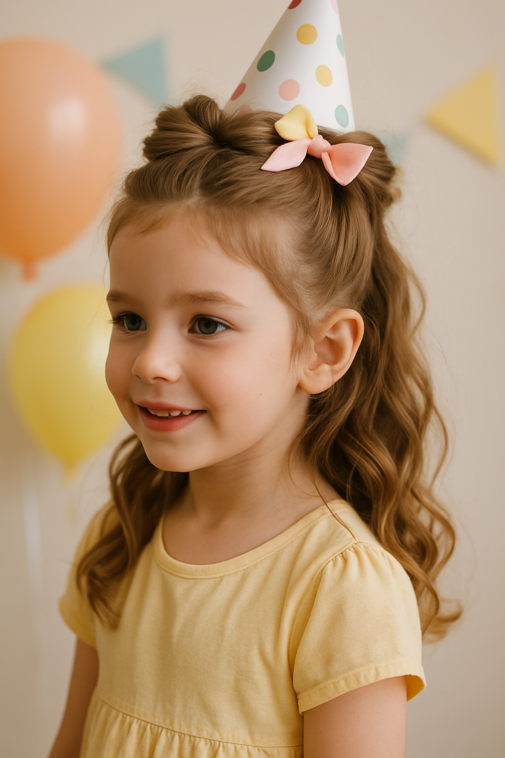 A young girl with a half-up ponytail and colorful bows, wearing a party hat, smiling at a birthday party.