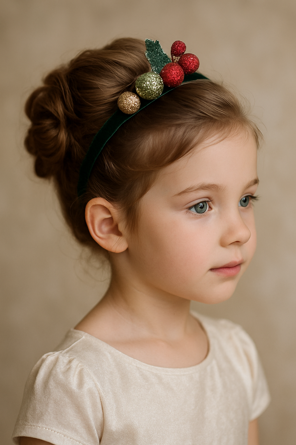A young girl with a charming headband updo, featuring a green headband with sparkling ornaments.