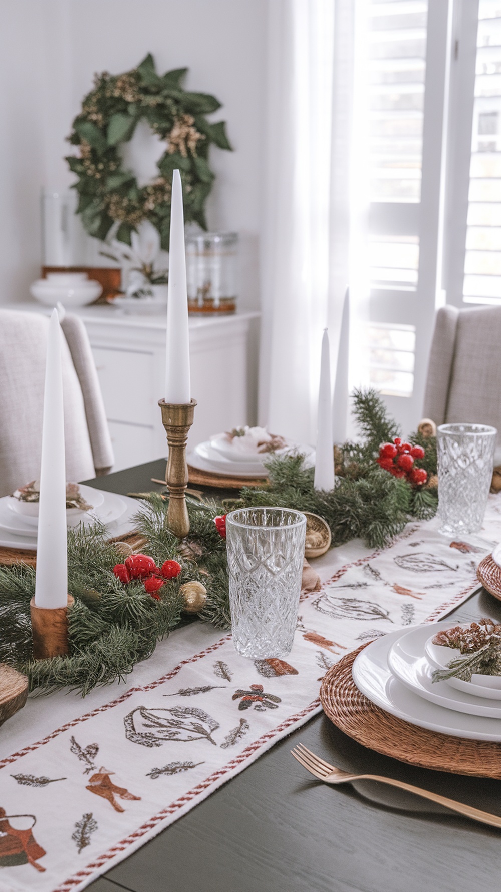 A beautifully decorated holiday table with a charming table runner, candles, and festive decor.