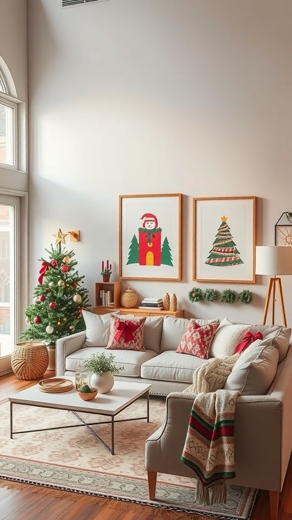 Cozy Christmas living room with holiday artwork and decorations