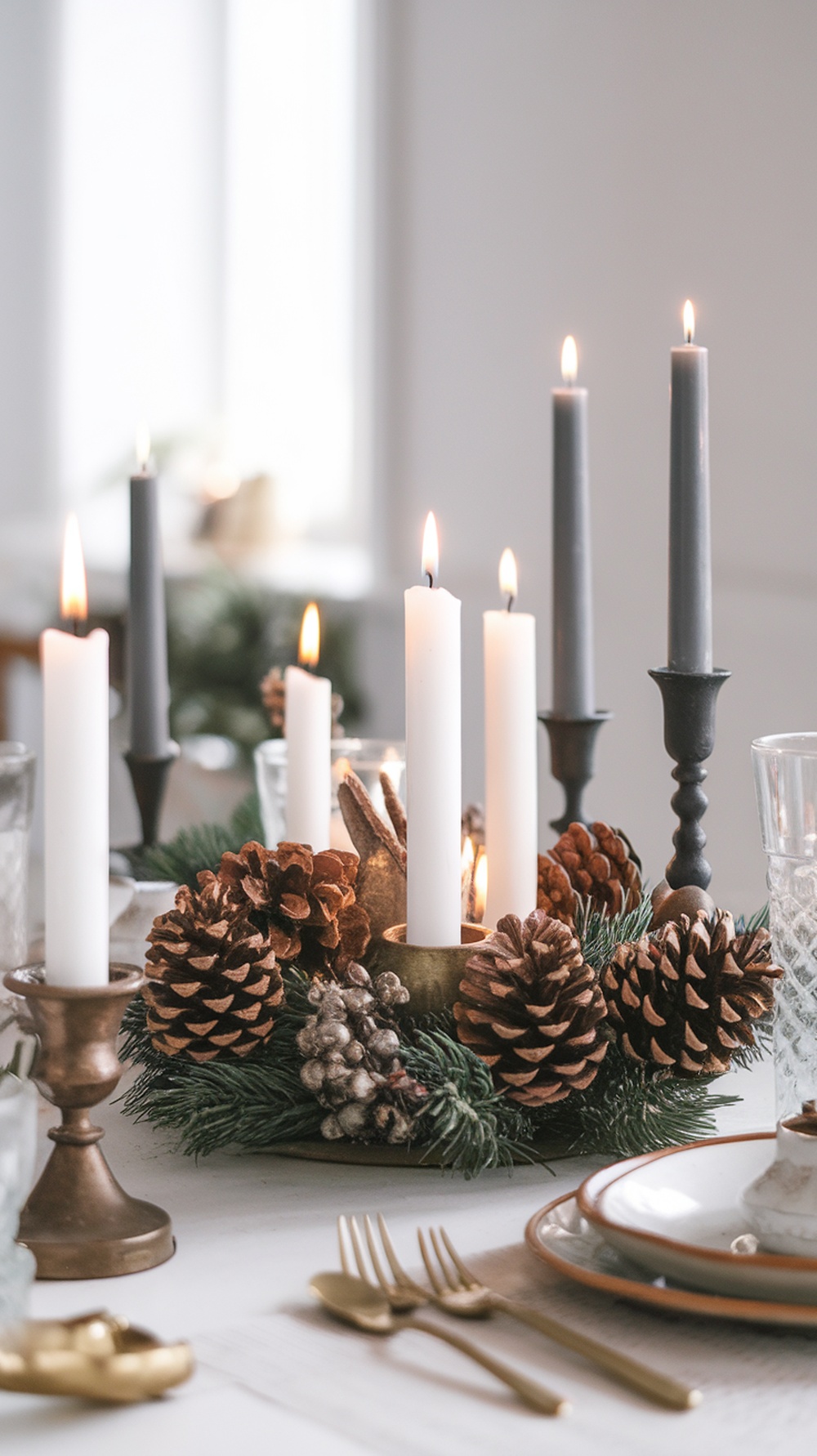 A charming holiday centerpiece featuring white and gray candles surrounded by pinecones and greenery.