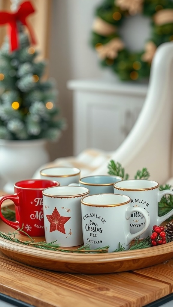 A collection of holiday-themed mugs arranged on a wooden tray with greenery and berries.