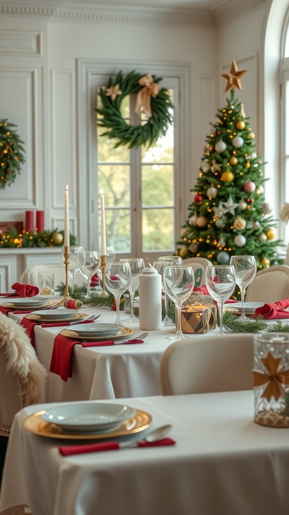A beautifully decorated holiday table with a white tablecloth, gold-rimmed plates, red napkins, and sparkling glassware, set against a backdrop of a Christmas tree and wreaths.