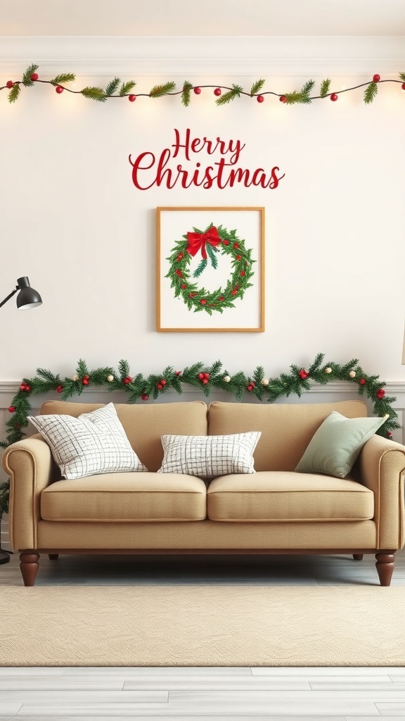 Cozy living room with Christmas wall art and decorations