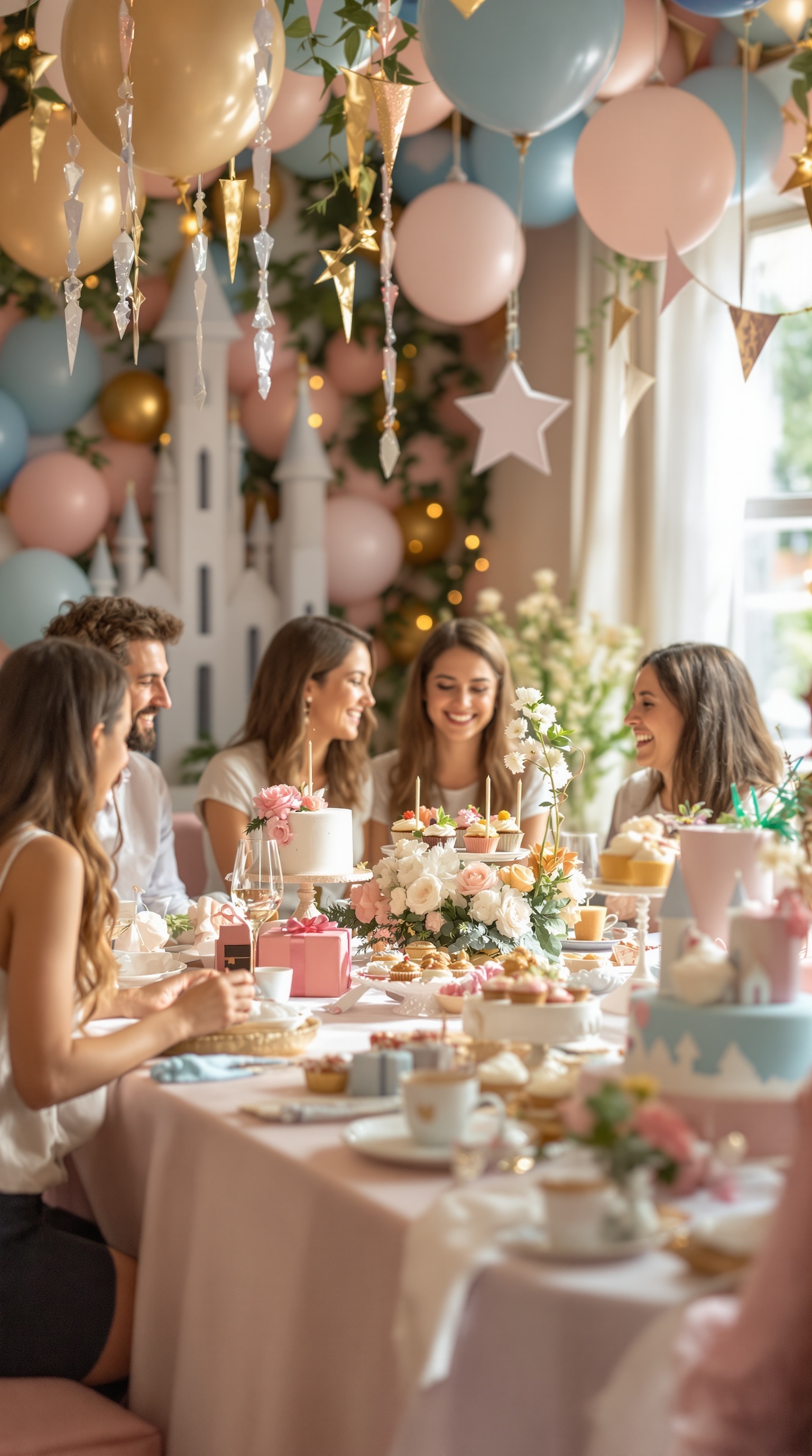 A beautifully decorated baby shower with pastel balloons, elegant desserts, and happy guests.