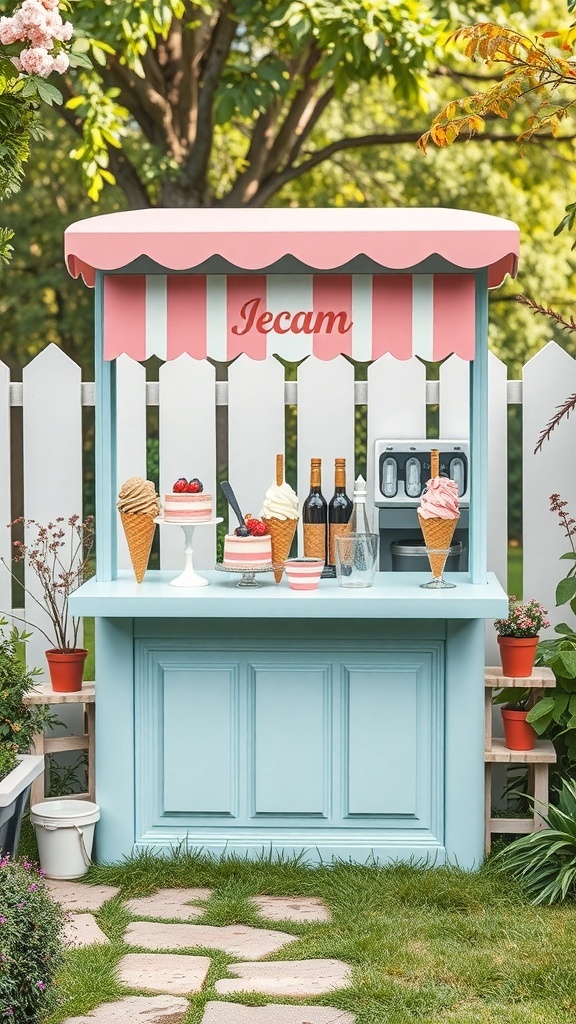 A charming ice cream stand with pastel colors, filled with cones and delicious toppings for a bridal shower.