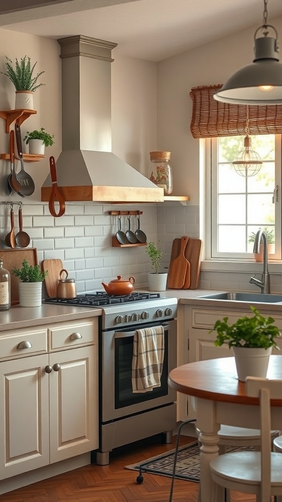 A cozy kitchen with white cabinets, wooden accents, and plants on the windowsill.