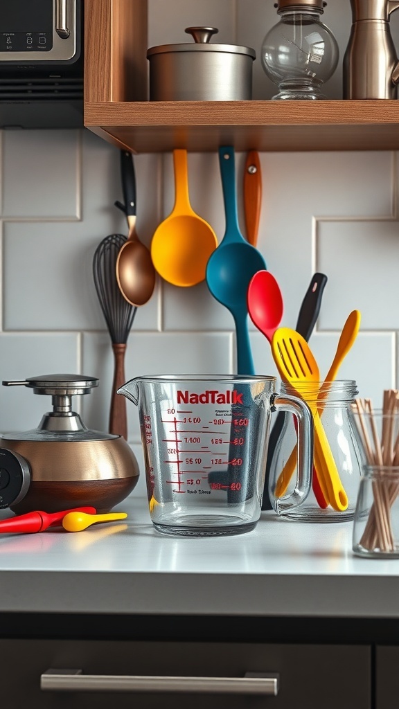 Colorful kitchen gadgets and measuring cup on a kitchen counter