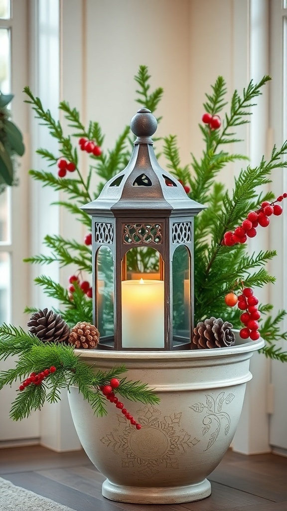 A charming holiday planter featuring a lantern surrounded by greens and red berries.