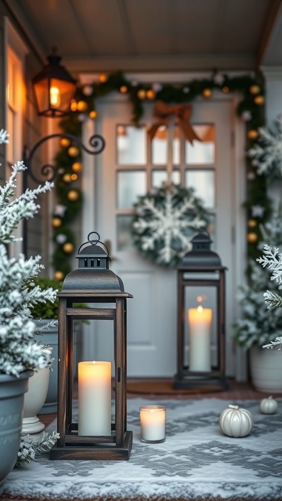 Two lanterns with candles on a winter front porch, surrounded by festive decorations.