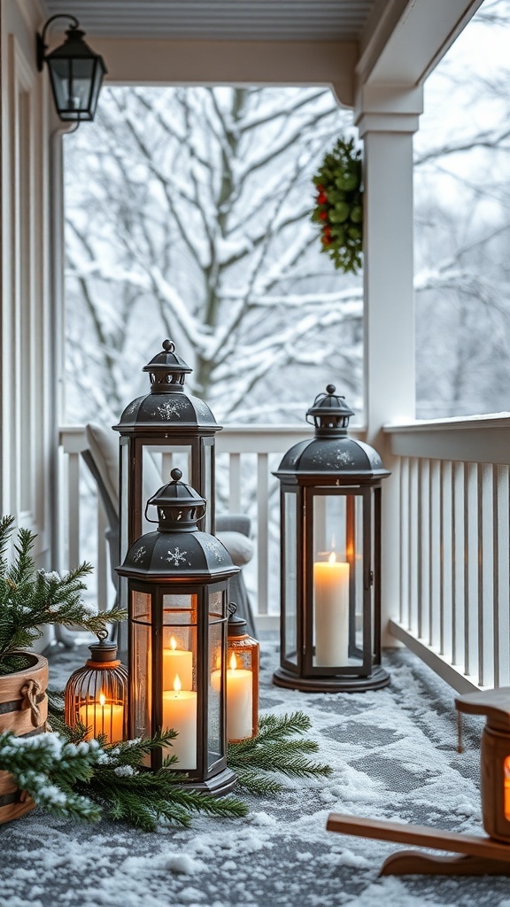 A winter porch decorated with charming lanterns, surrounded by snow and greenery.