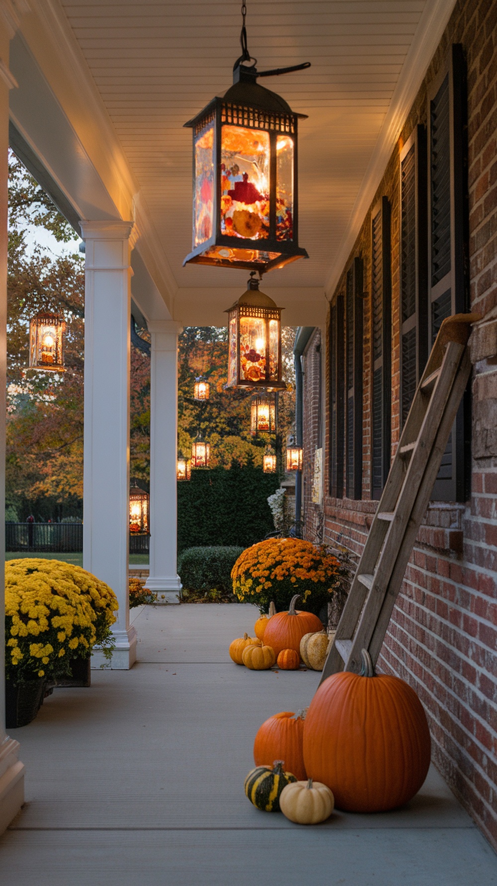 A porch decorated with hanging lanterns, pumpkins, and yellow chrysanthemums for Thanksgiving.