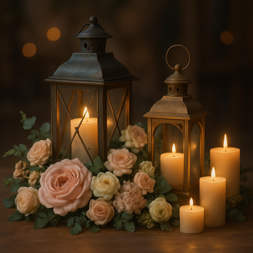 A decorative arrangement of lanterns and flowers, featuring soft pink roses and lit candles.