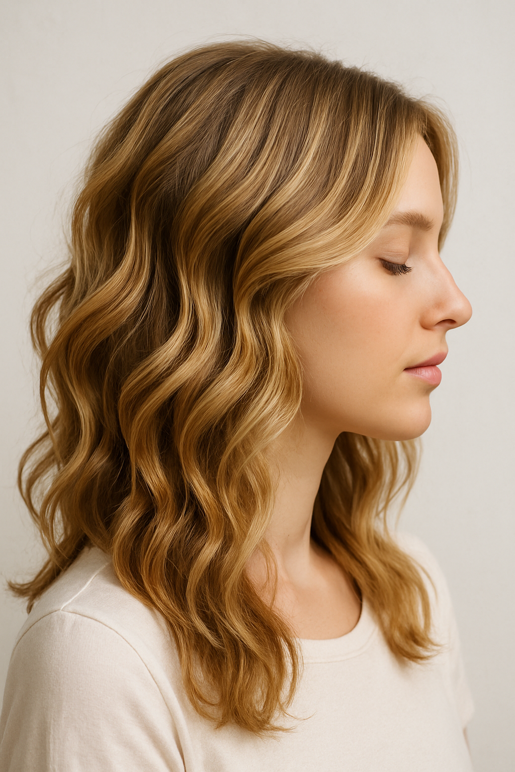 A profile view of a young girl with charming loose waves in her hair.
