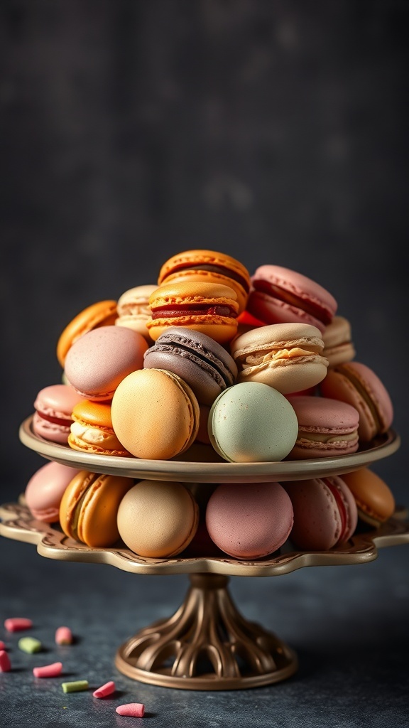 A beautiful display of colorful macarons on a tiered stand.