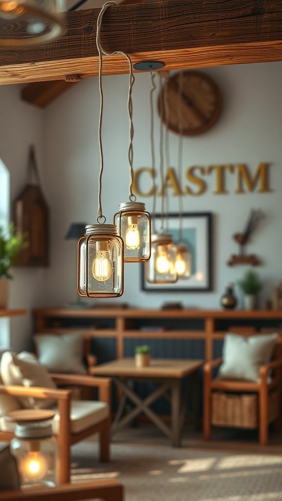 Three mason jar lanterns hanging from a wooden beam in a cozy room