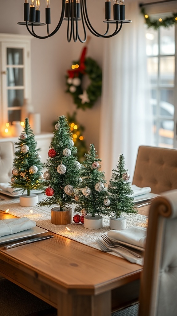 A dining table decorated with charming mini Christmas trees, a warm wood table, and festive ornaments.