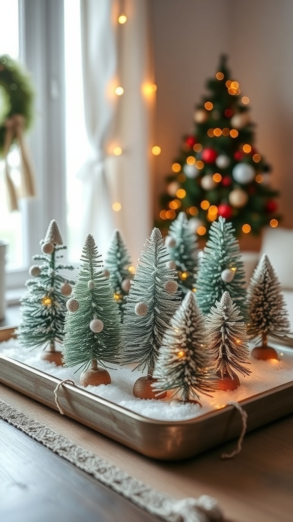 A charming display of mini Christmas trees on a tray with lights and faux snow.