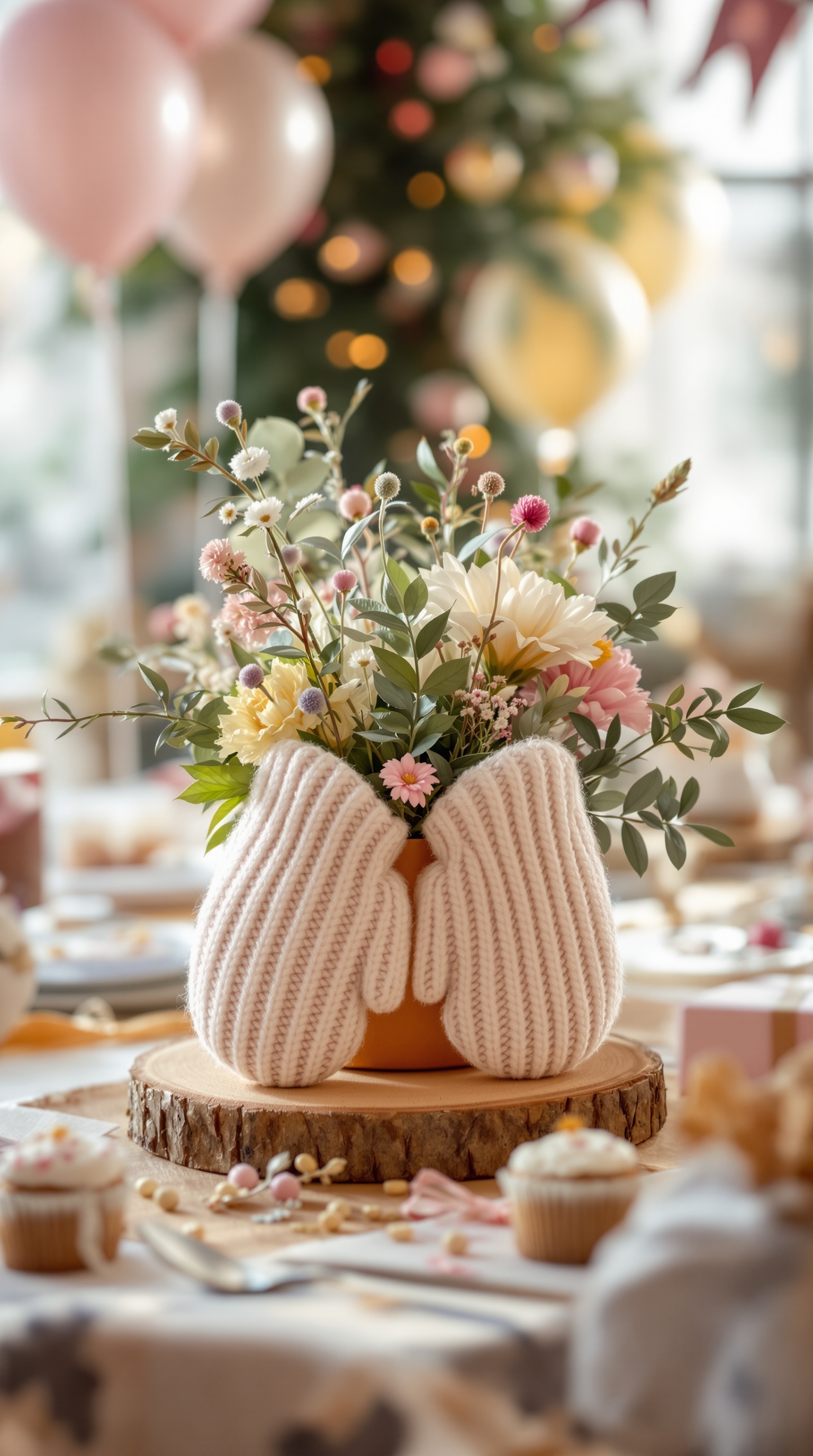 A cozy centerpiece featuring knitted mittens holding a bouquet of flowers, set on a wooden slice, with cupcakes and festive decor in the background.
