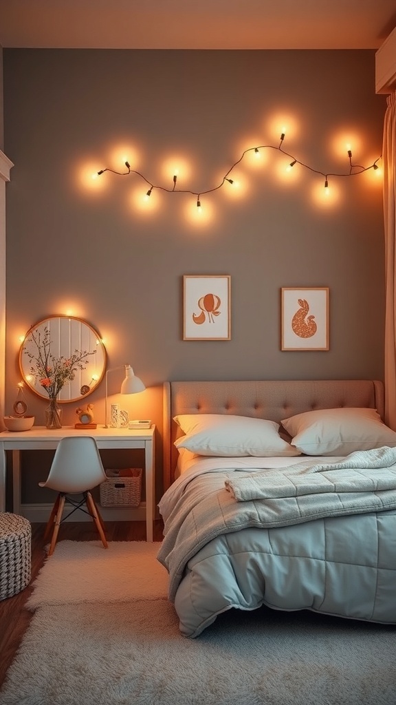 A cozy kids bedroom featuring warm string lights, a comfortable bed, and playful wall art.