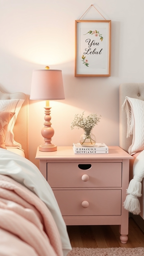 A charming pink nightstand with a lamp, flowers, and stacked books in a romantic bedroom.