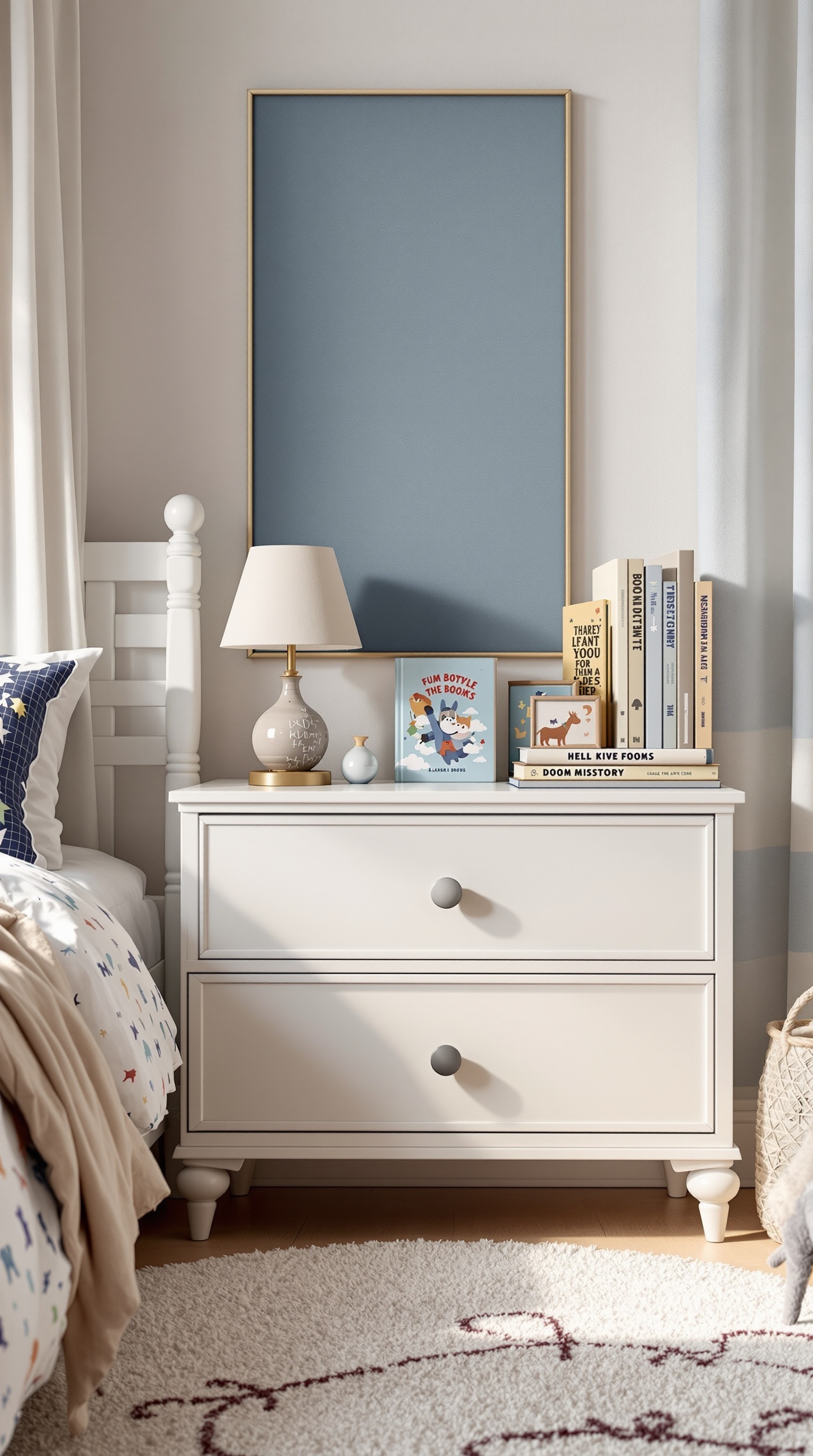 A charming white nightstand with two drawers, a lamp, and a stack of colorful books.