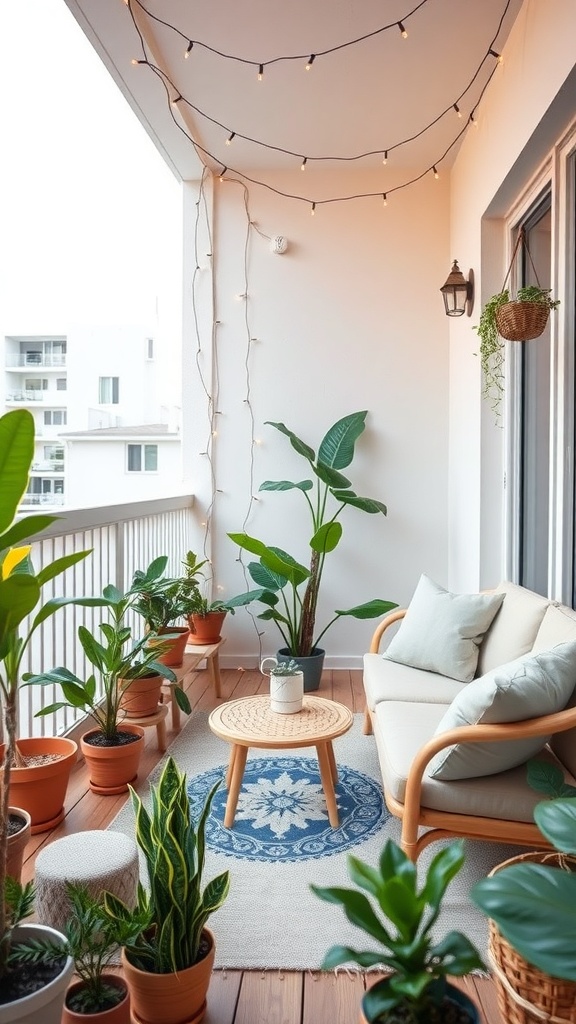 A cozy balcony with plants, a sofa, and string lights.