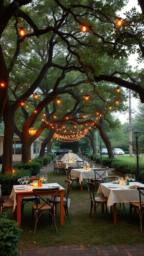 Charming outdoor brunch setting with tables, lights, and greenery.