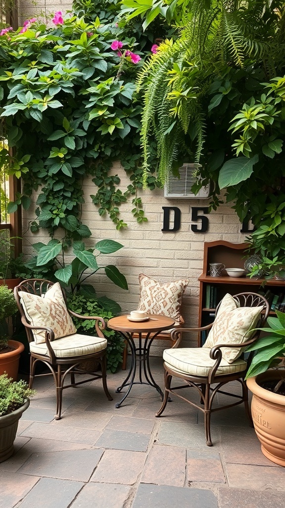 Charming outdoor seating arrangement with two chairs and a small table surrounded by greenery