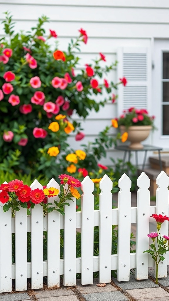 A charming white picket fence with colorful flowers in front of a house.