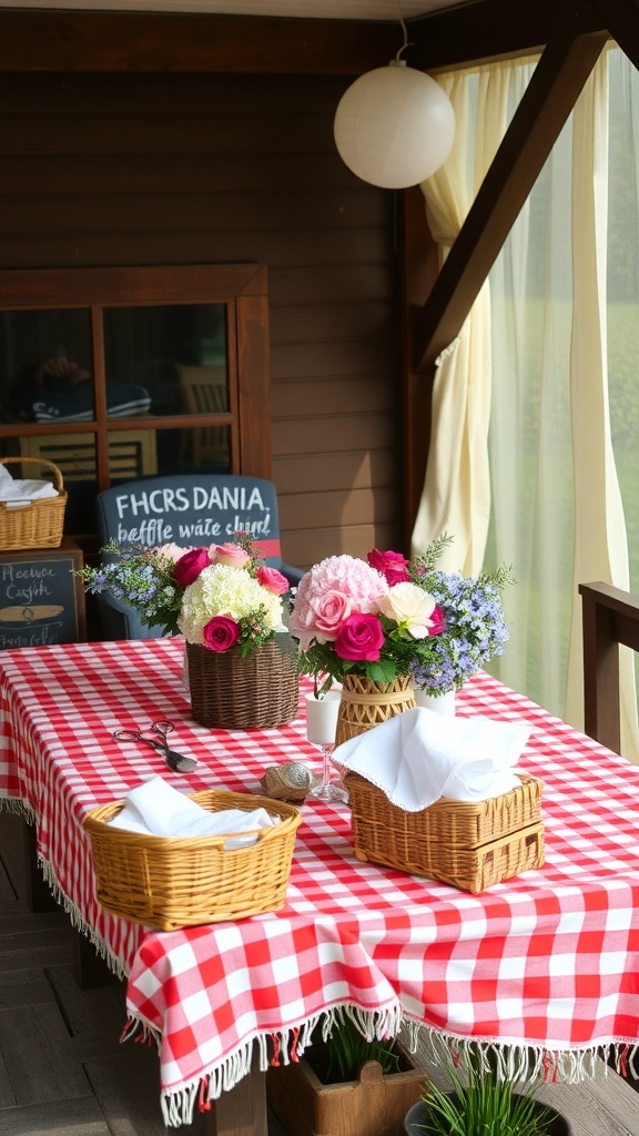 A picnic-style bridal shower table with checkered tablecloth, floral arrangements, and baskets of napkins.