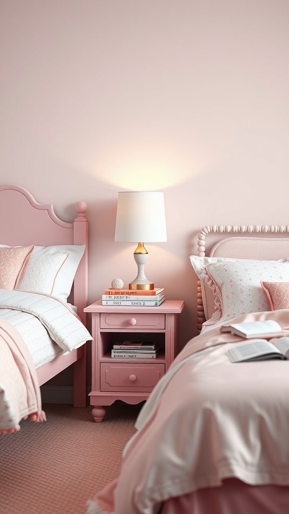 A charming pink nightstand with a lamp and books in a pink girls bedroom.