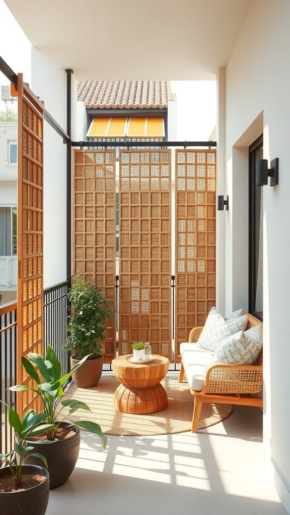 A narrow balcony featuring wooden privacy screens, cozy seating, and potted plants.