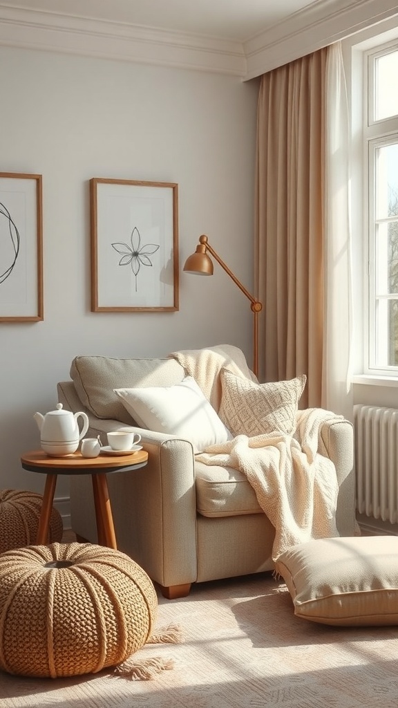 A cozy reading nook featuring a soft armchair, warm blanket, side table with a teapot, and textured poufs.