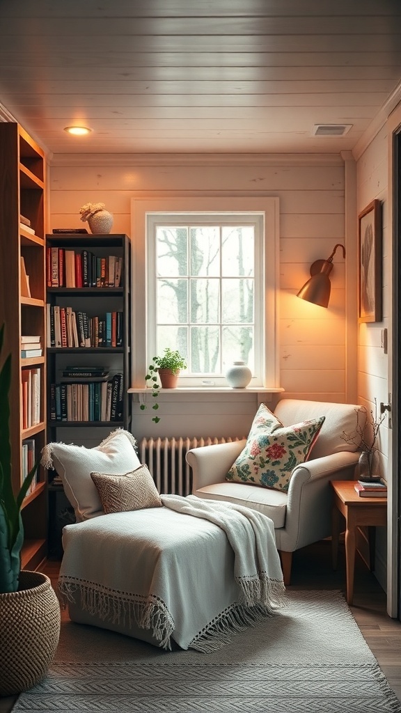 Cozy reading nook in a tiny cabin with a chair, chaise lounge, bookshelves, and a window.