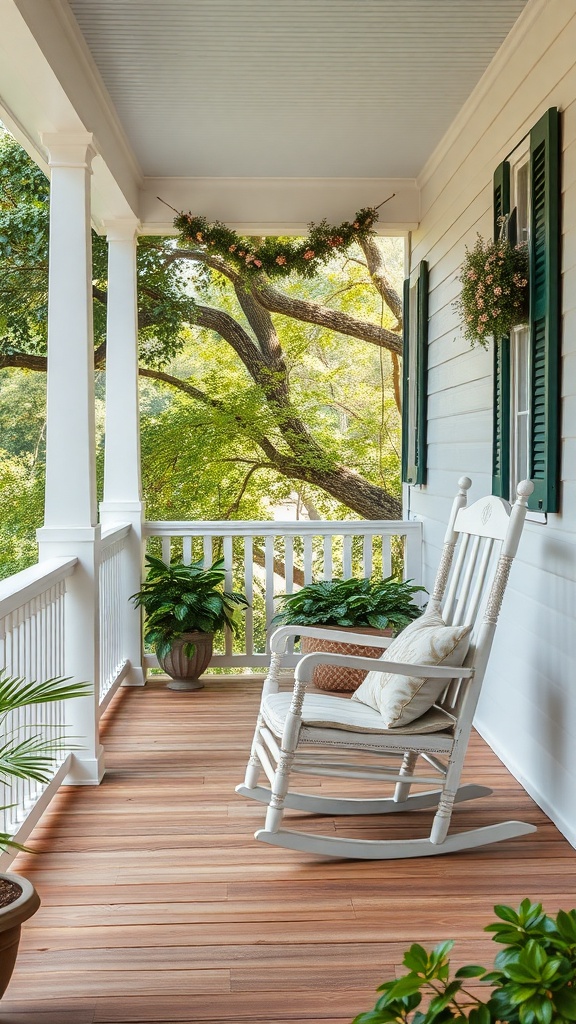 A charming white rocking chair on a porch surrounded by greenery and decorative plants.