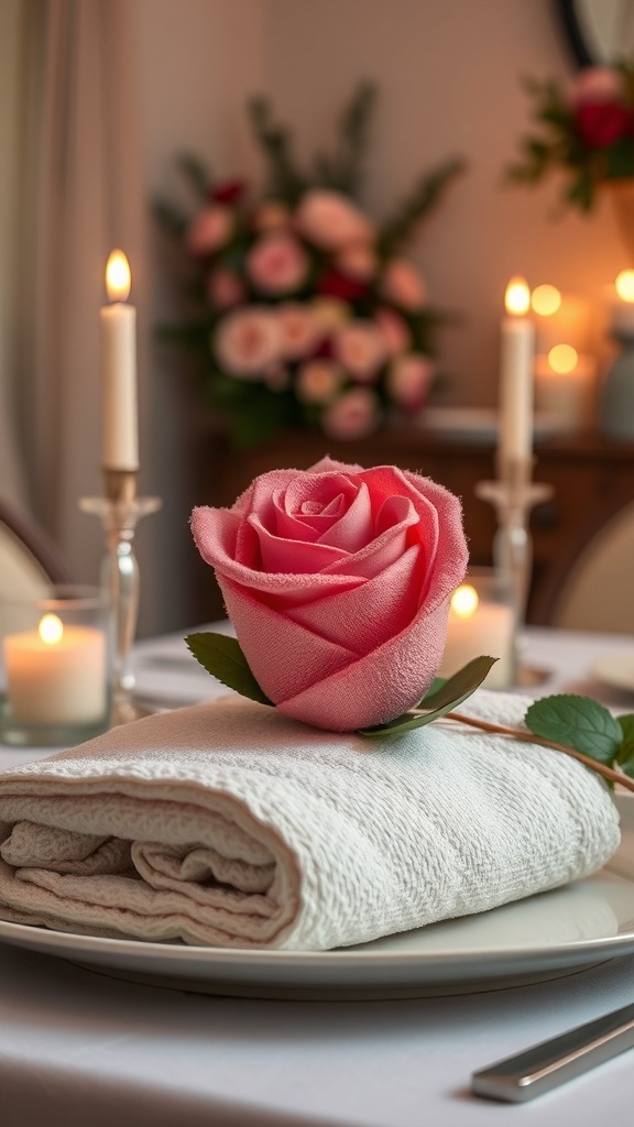 A beautifully folded towel shaped like a rose, placed on a plate with candles and a bouquet of roses in the background.