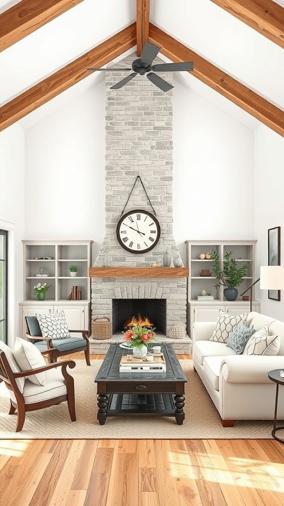 Cozy cottage interior featuring a stone fireplace, wooden beams, and comfortable seating.