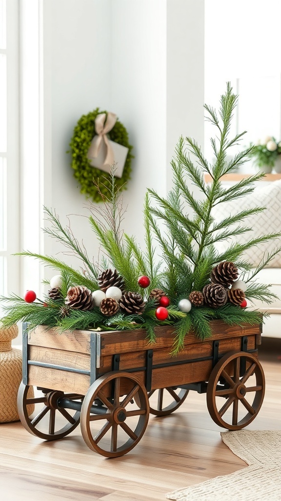 A rustic wooden wagon planter filled with pine branches, pine cones, and colorful ornaments, placed indoors near a window.