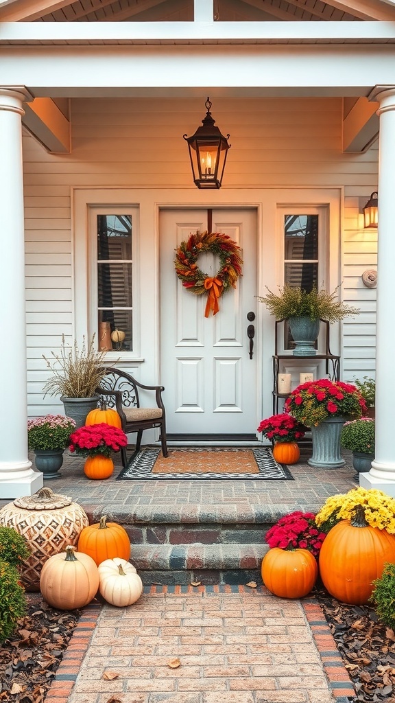 A charming porch entrance decorated with pumpkins, flowers, and a wreath, creating a cozy fall atmosphere.