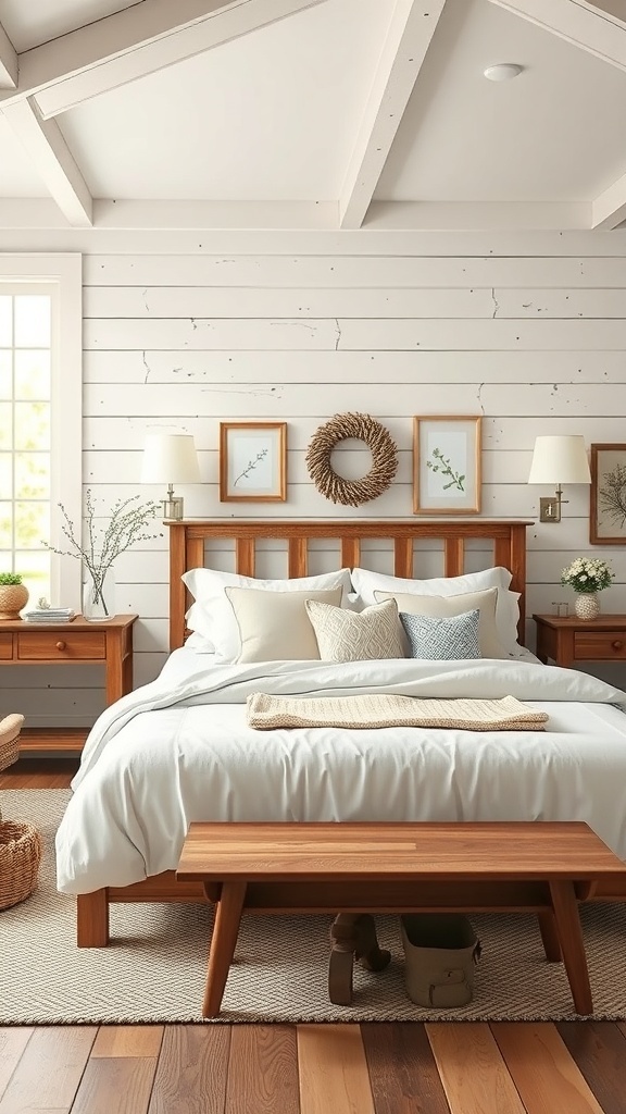 A rustic farmhouse bedroom featuring charming shiplap walls, wooden furniture, and cozy decor.