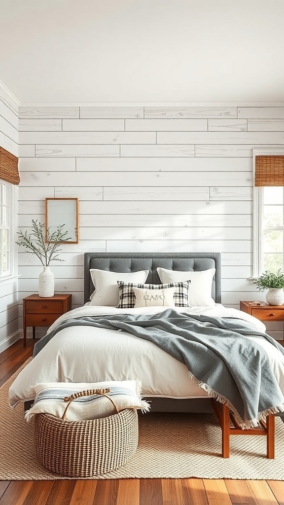 A rustic farmhouse bedroom featuring charming white shiplap walls, a gray bedspread, wooden furniture, and natural light.