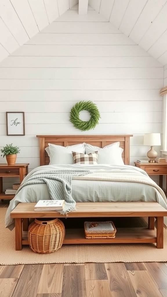 A rustic farmhouse bedroom featuring charming shiplap walls, wooden furniture, and soft bedding.