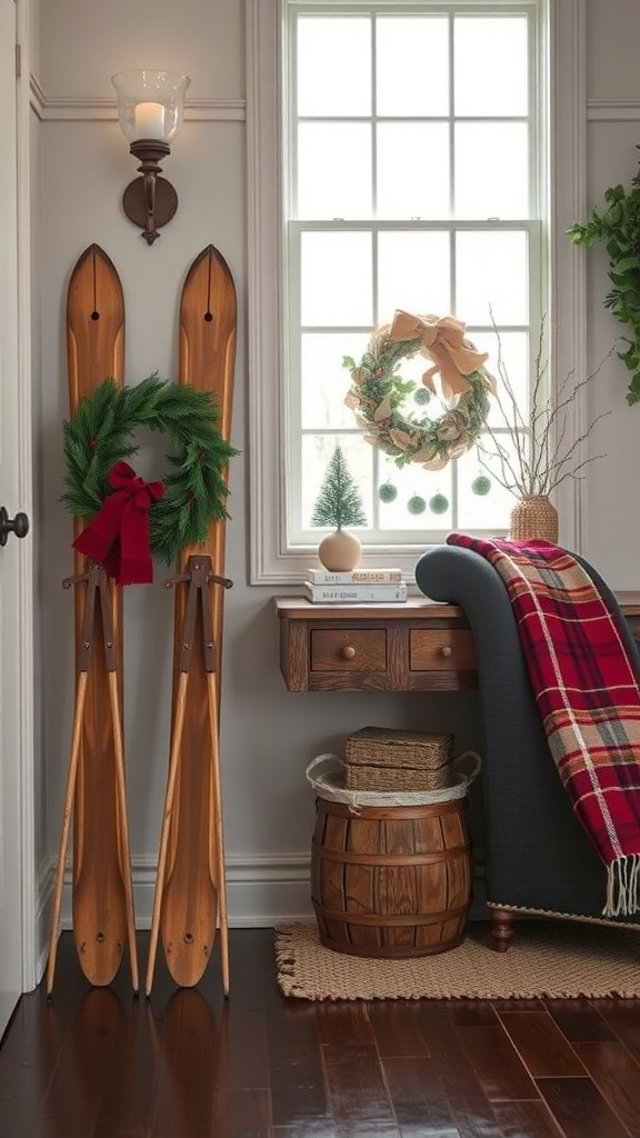 A cozy entryway featuring vintage skis, a wreath, a plaid throw, and decorative items.