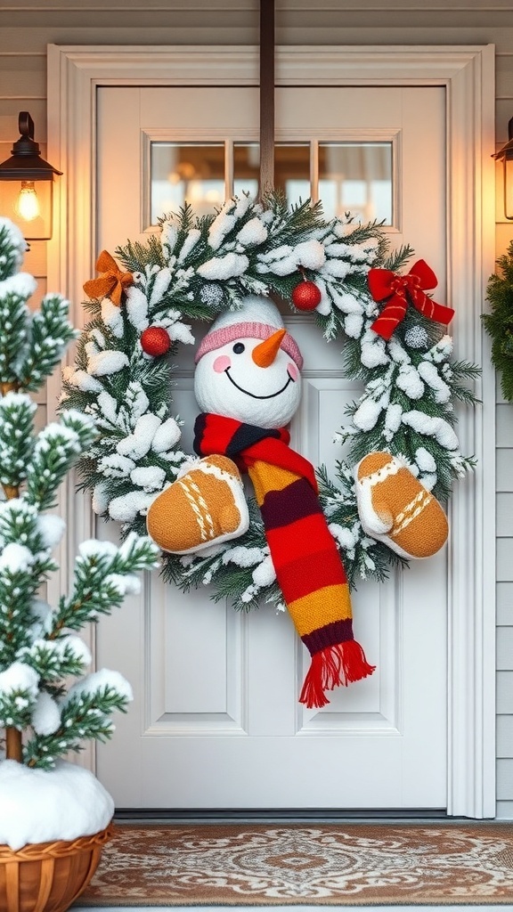 A charming snowman wreath with mittens, featuring a smiling snowman, colorful scarf, and festive decorations on a front door.