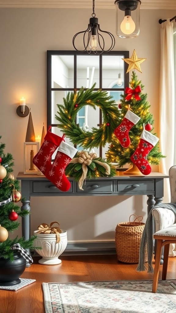 A beautifully decorated entryway table with Christmas stockings, a wreath, and festive decor.