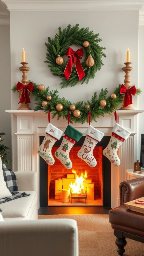 A cozy Christmas scene featuring stockings hung on a mantel, a festive wreath above, and a warm fireplace.